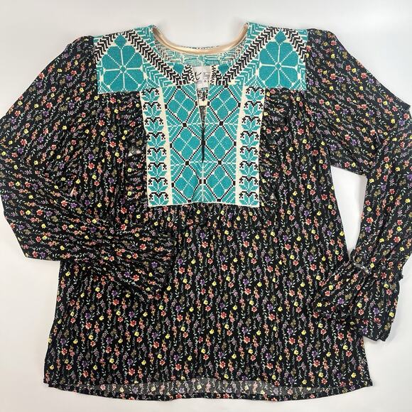Boho Embroidered Top Floral Peasant Ruffles Size Medium Made In Mexico - Picture 1 of 9